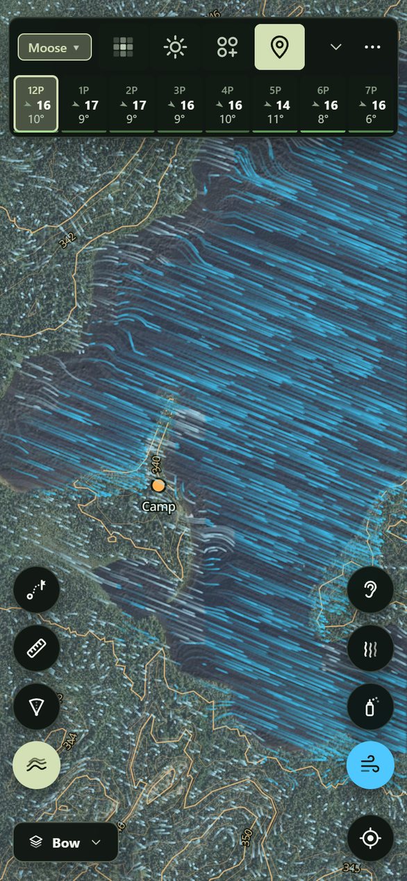 The app's one screen: the forecast strip along the top, buttons down both sides, the view pill at the bottom left